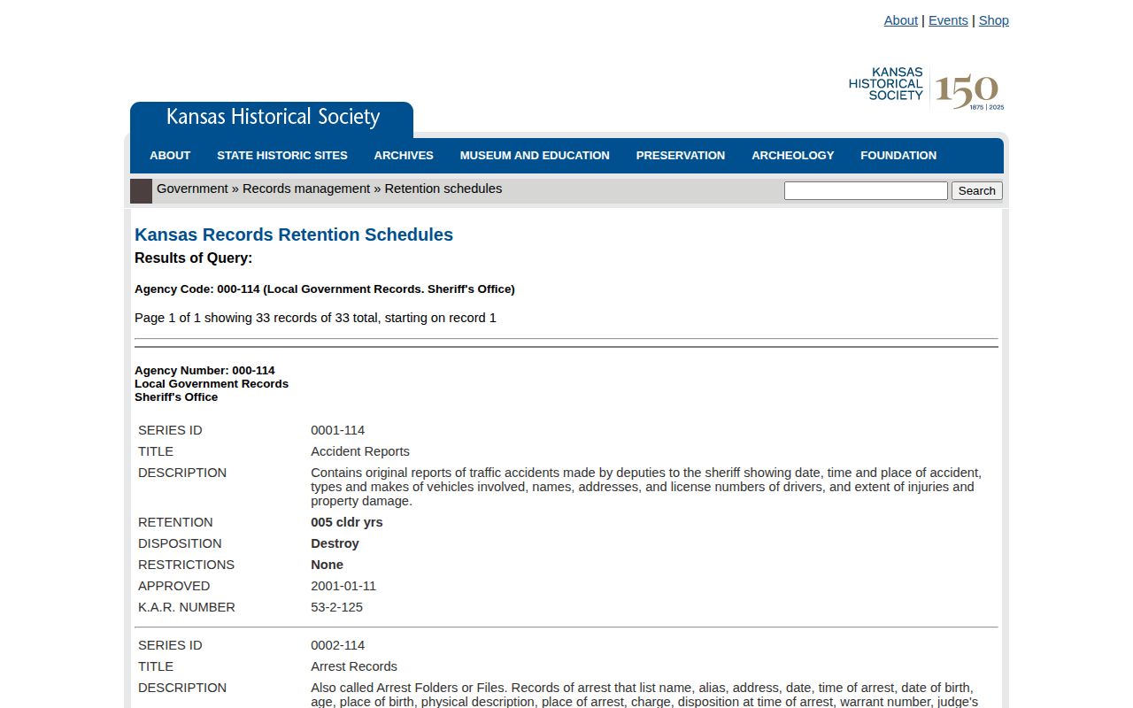 Montgomery County sheriff arrest-record retention schedule