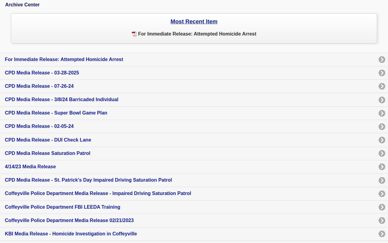 Montgomery County crime news source in Coffeyville Police media archive